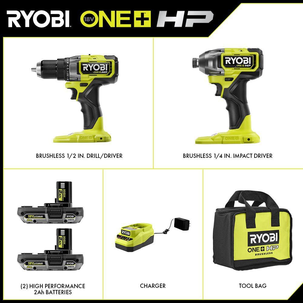 ONE+ HP 18V Brushless Cordless 1/2 In. Drill/Driver and Impact Driver Kit W/(2) 2.0 Ah Batteries, Charger, and Bag